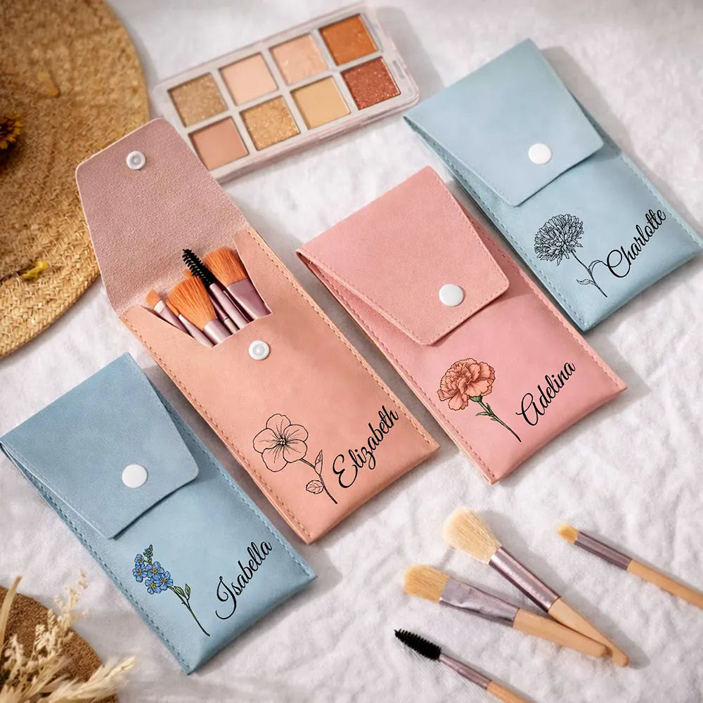 Gift For Yourself,Gift For Women,Gift For Mother,Happy - Birth Month Flower & Name - Personalized Makeup Brush Bag Set