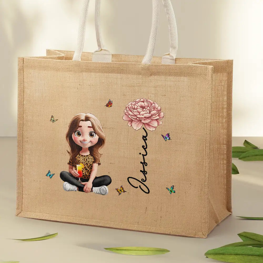Gift For Yourself,Gift For Women - Birth Month Flowers Bloom Women - Personalized Jute Beach Bag