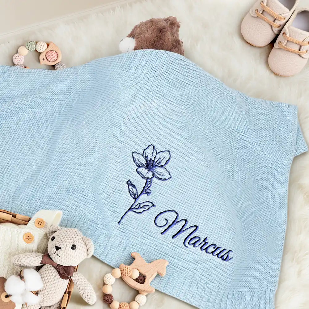 New Dad, New baby, New Mom, Love - Birth Month Flowers Sketch Baby Name - Personalized Embroidered Knitted Baby Blanket