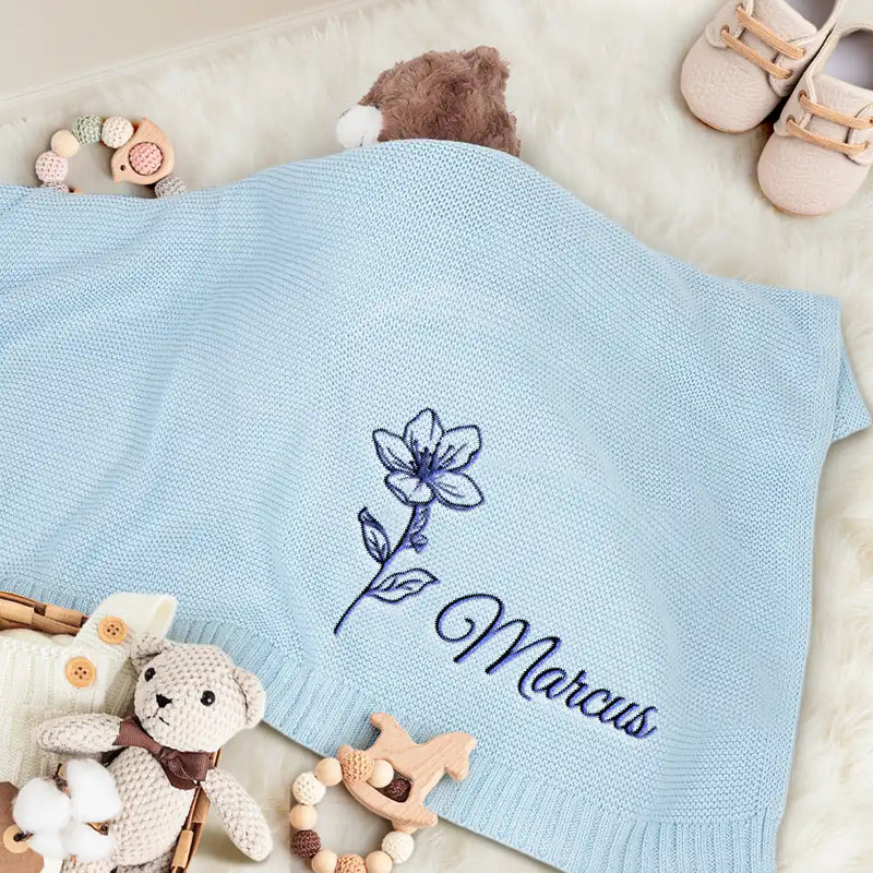 New Dad, New baby, New Mom, Love - Birth Month Flowers Sketch Baby Name - Personalized Embroidered Knitted Baby Blanket