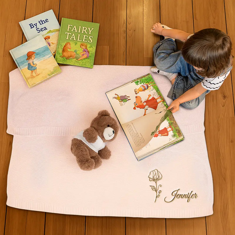 New Dad, New baby, New Mom, Love - Birth Month Flowers Sketch Baby Name - Personalized Embroidered Knitted Baby Blanket