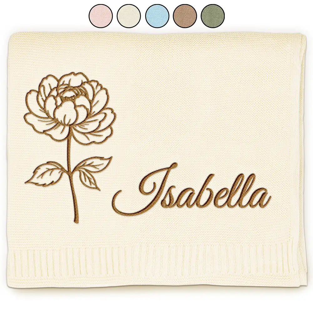 Birth Month Flowers Sketch Baby Name - Personalized Embroidered Knitted Baby Blanket