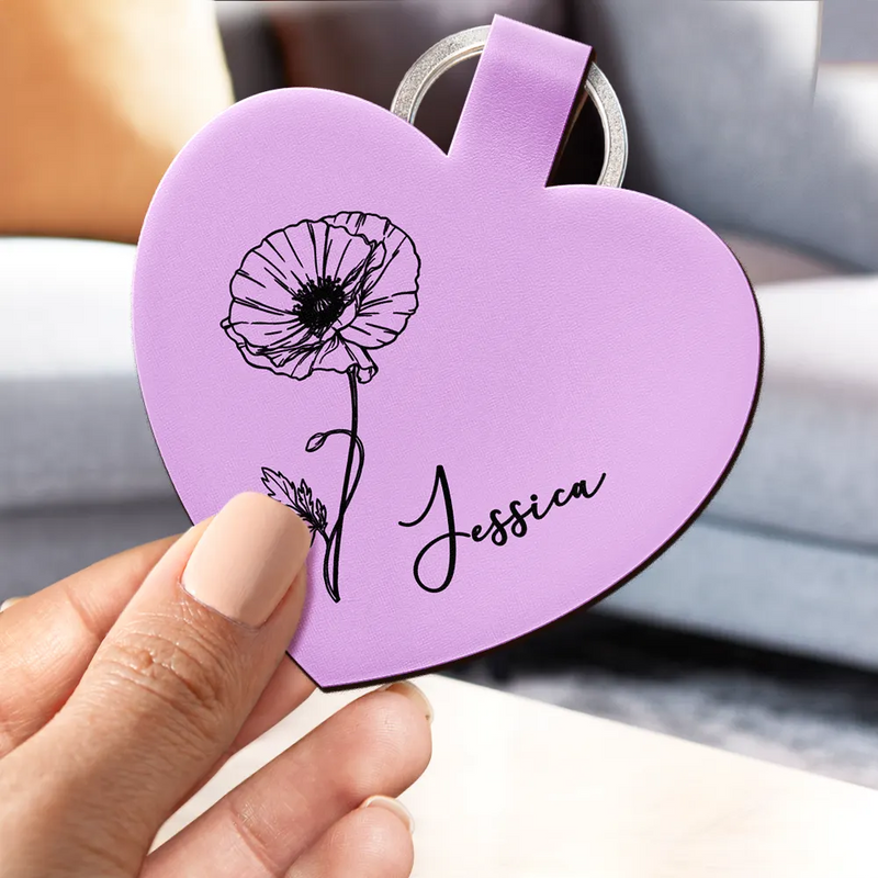 Confident,Icon - Birth Month Flowers Sketch Bloom Where You're Planted - Personalized Custom Shaped Leather Keychain