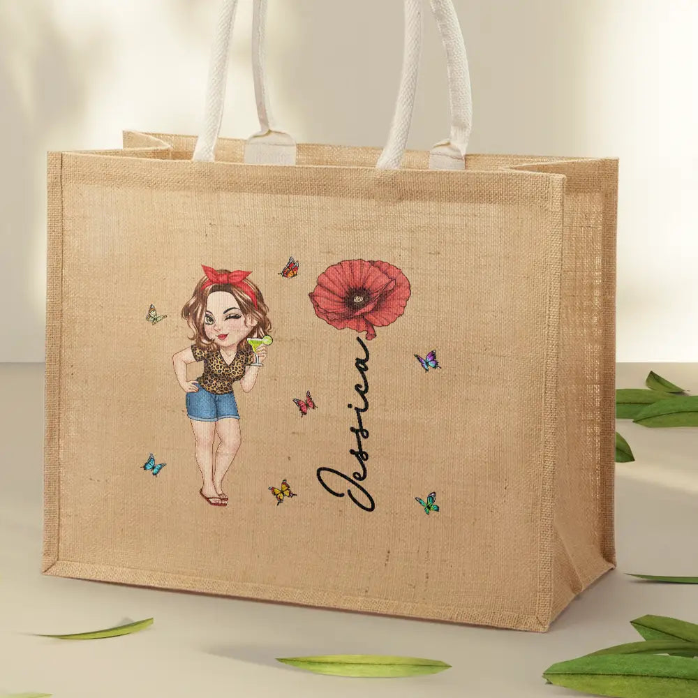Beach, Summer, Gift For Yourself, Gift For Women, Happy - Birth Month Flowers Summer Girl At The Beach - Personalized Jute Beach Bag