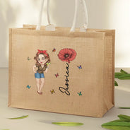Beach, Summer, Gift For Yourself, Gift For Women, Happy - Birth Month Flowers Summer Girl At The Beach - Personalized Jute Beach Bag