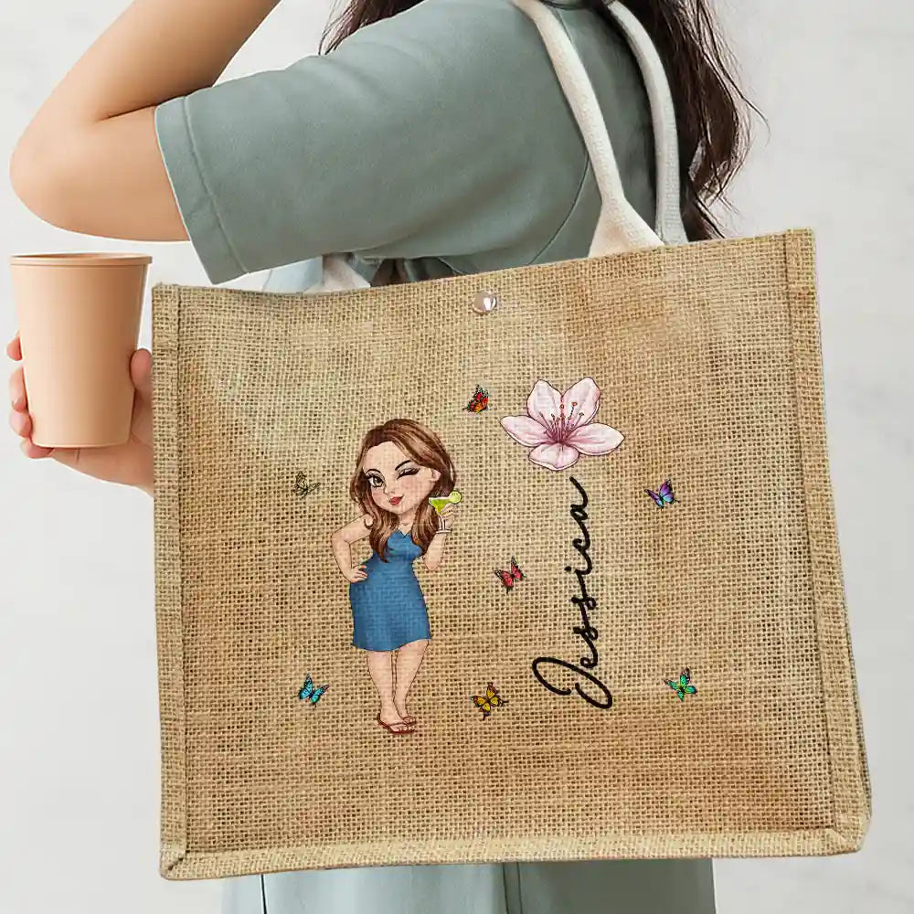 Beach, Summer, Gift For Yourself, Gift For Women, Happy - Birth Month Flowers Summer Girl At The Beach - Personalized Jute Beach Bag