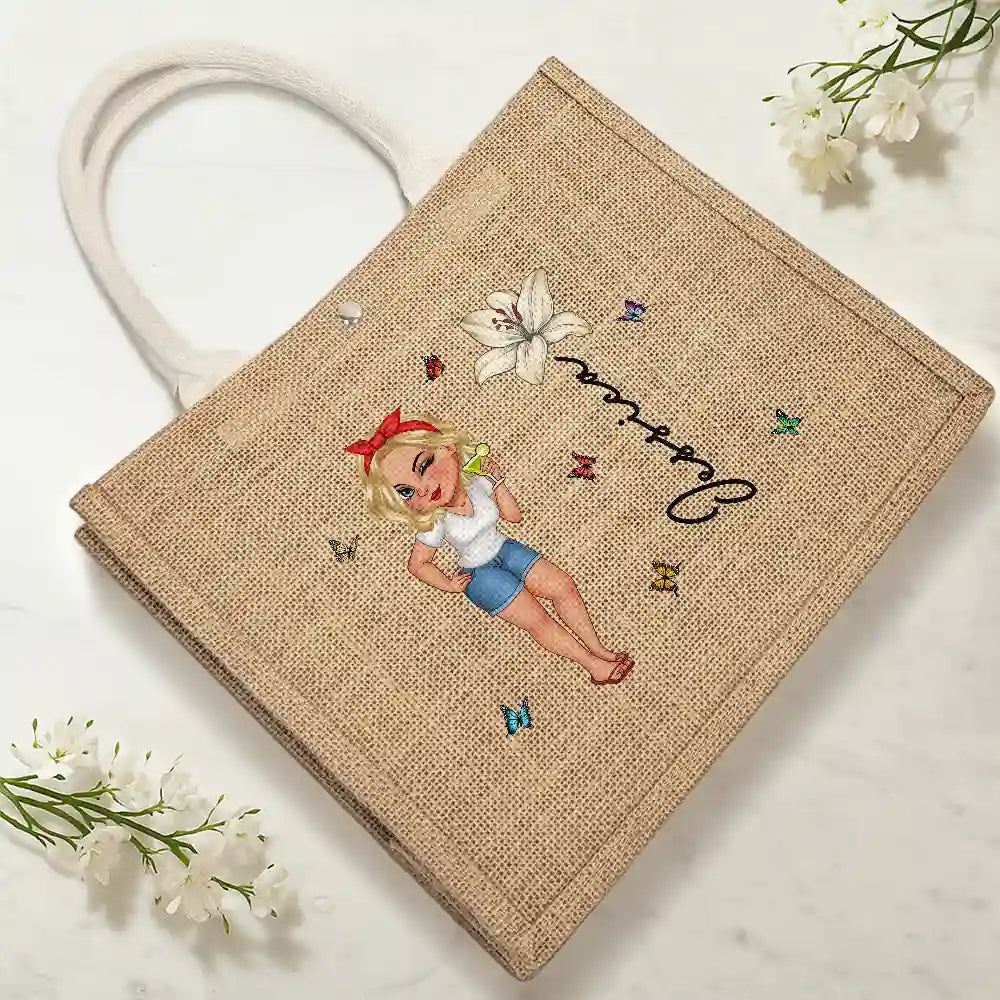 Beach, Summer, Gift For Yourself, Gift For Women, Happy - Birth Month Flowers Summer Girl At The Beach - Personalized Jute Beach Bag