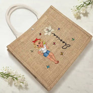 Beach, Summer, Gift For Yourself, Gift For Women, Happy - Birth Month Flowers Summer Girl At The Beach - Personalized Jute Beach Bag