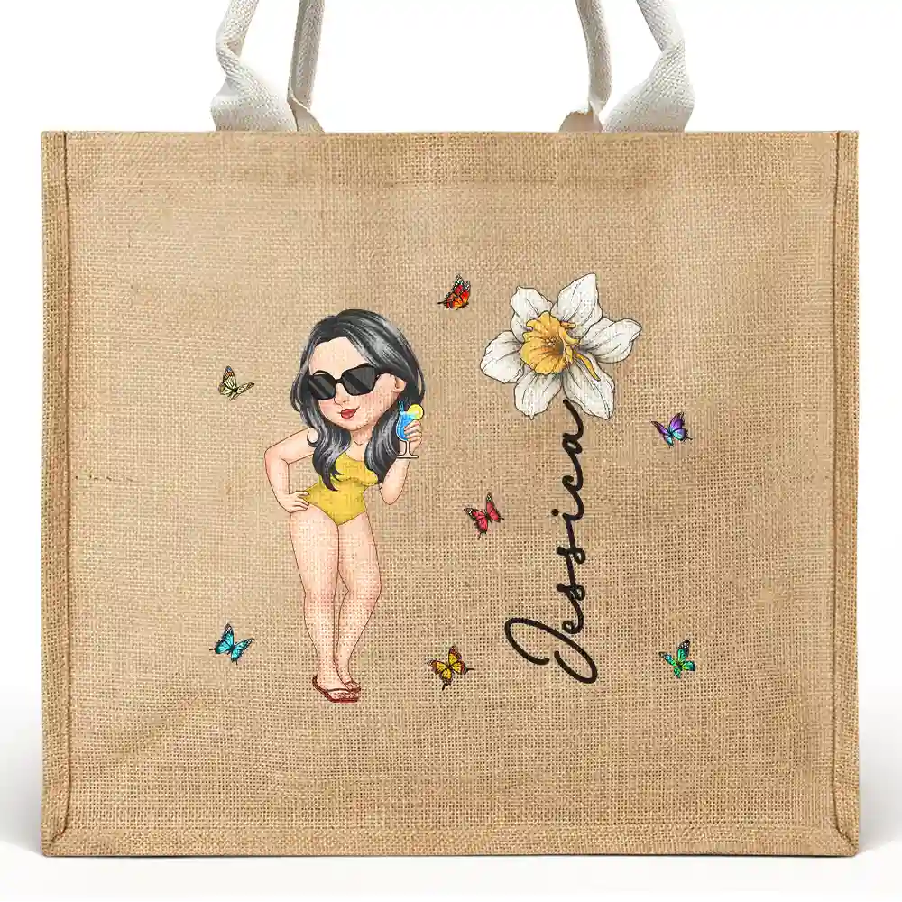 Beach, Summer, Gift For Yourself, Gift For Women, Happy - Birth Month Flowers Summer Girl At The Beach - Personalized Jute Beach Bag