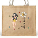 Beach, Summer, Gift For Yourself, Gift For Women, Happy - Birth Month Flowers Summer Girl At The Beach - Personalized Jute Beach Bag