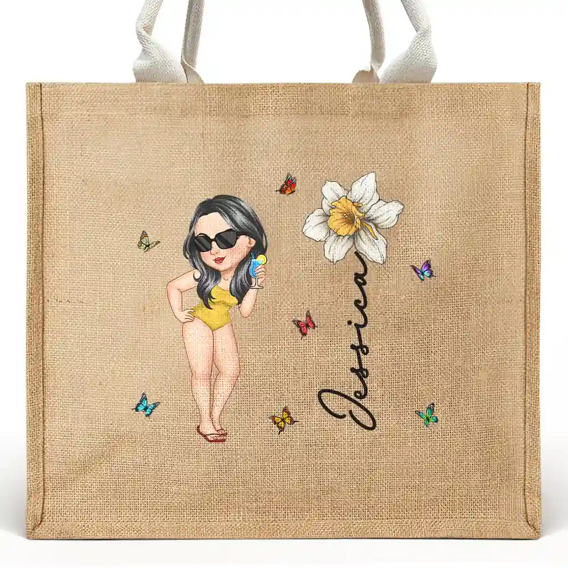 Beach, Summer, Gift For Yourself, Gift For Women, Happy - Birth Month Flowers Summer Girl At The Beach - Personalized Jute Beach Bag