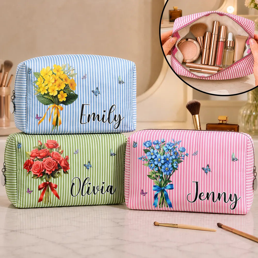 Birth Flower Bouquet - Personalized Striped Cosmetic Bag
