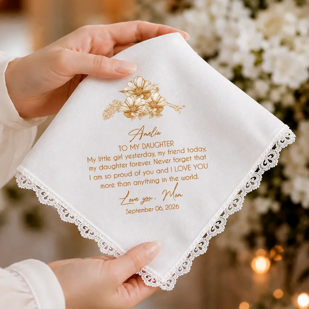 Sentimental,Gift For Children,Gift For Daughter,Wedding,Icon,Custom Text - Birth Flower Toile Blue Wedding Bridal To Daughter Granddaughter - Personalized Handkerchief