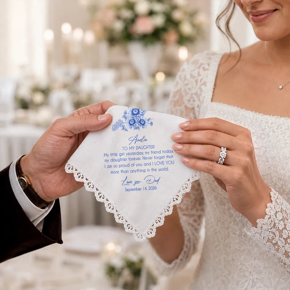 Sentimental,Gift For Children,Gift For Daughter,Wedding,Icon,Custom Text - Birth Flower Toile Blue Wedding Bridal To Daughter Granddaughter - Personalized Handkerchief
