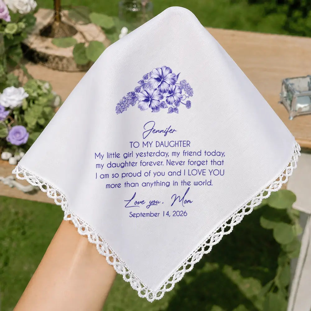 Sentimental,Gift For Children,Gift For Daughter,Wedding,Icon,Custom Text - Birth Flower Toile Blue Wedding Bridal To Daughter Granddaughter - Personalized Handkerchief