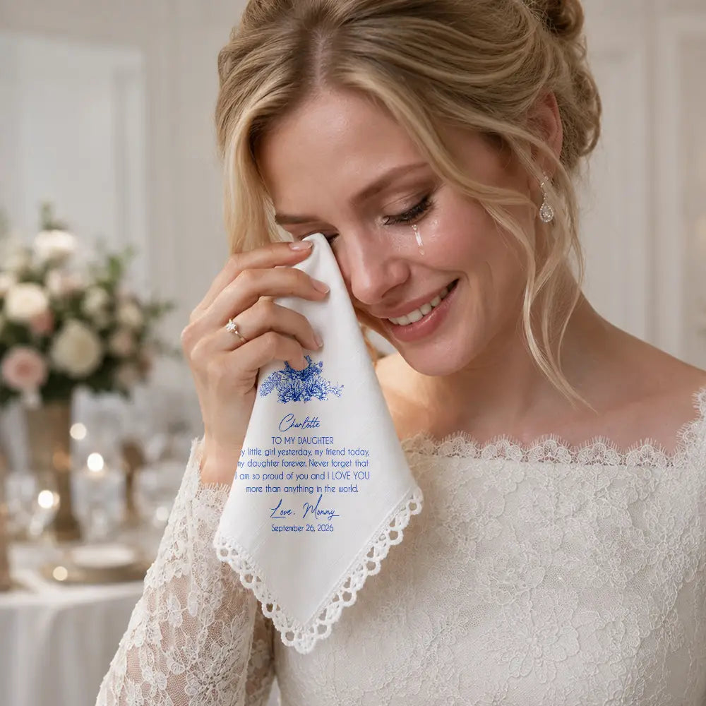 Sentimental,Gift For Children,Gift For Daughter,Wedding,Icon,Custom Text - Birth Flower Toile Blue Wedding Bridal To Daughter Granddaughter - Personalized Handkerchief