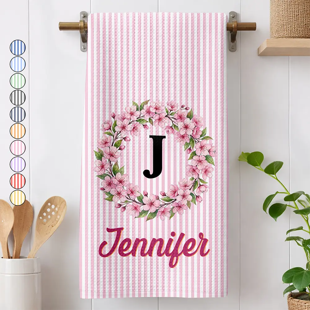 Birth Month Flower Woman Name Striped Pattern - Personalized Kitchen Towel