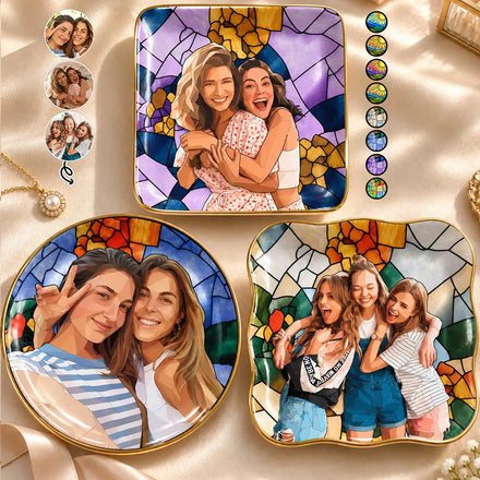 Birthday Gift For Bestie - Personalized Custom Photo Stained Glass Effect Ring Dish