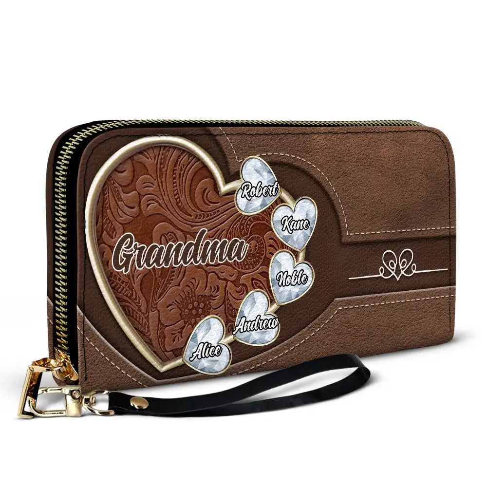 Gift For Wife, Gift For Women, Gift For Mother, Gift For Aunt, Gift For Grandma, Love - Birthstone Grandma And Mom's Precious Gems - Personalized Leather Long Wallet