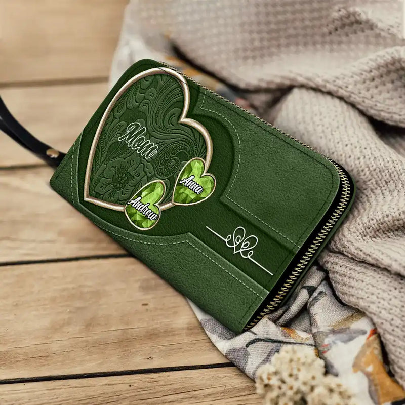 Gift For Wife, Gift For Women, Gift For Mother, Gift For Aunt, Gift For Grandma, Love - Birthstone Grandma And Mom's Precious Gems - Personalized Leather Long Wallet