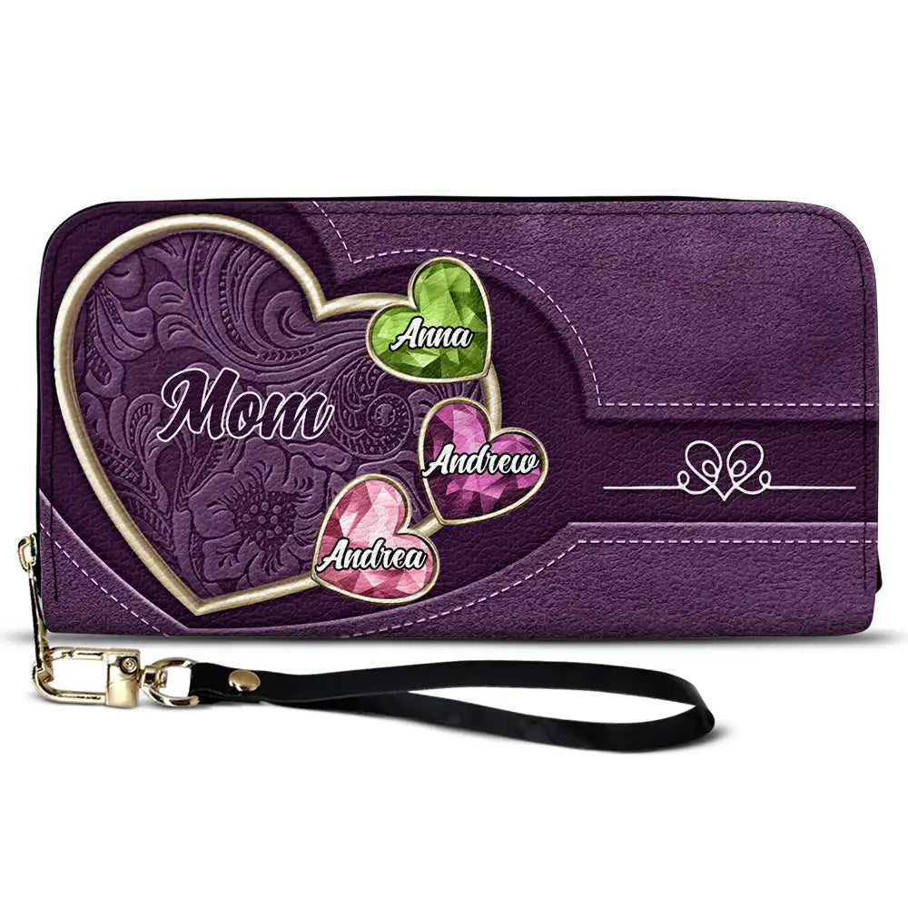 Gift For Wife, Gift For Women, Gift For Mother, Gift For Aunt, Gift For Grandma, Love - Birthstone Grandma And Mom's Precious Gems - Personalized Leather Long Wallet