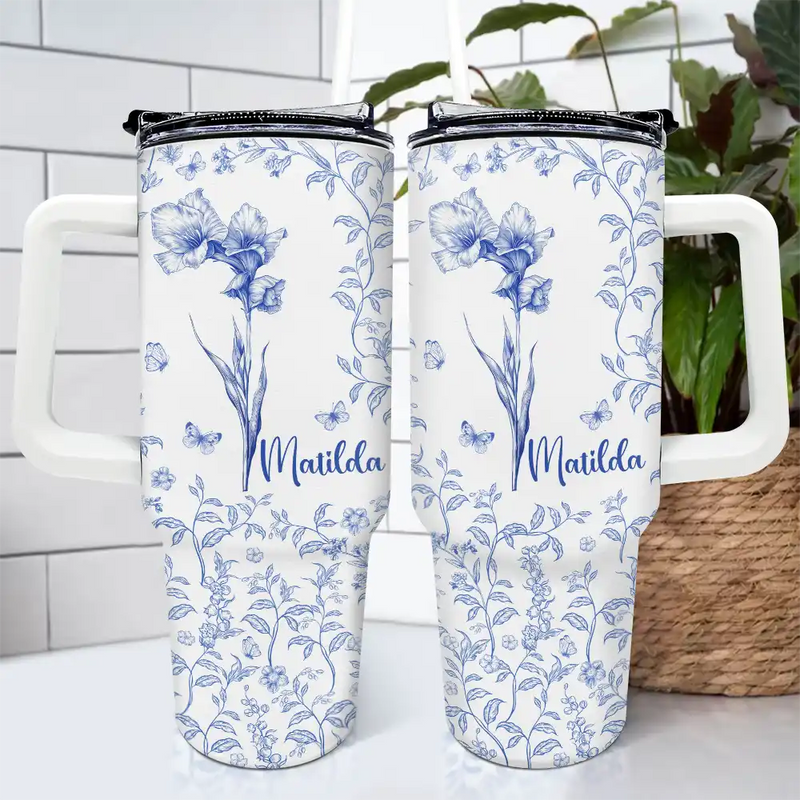 Happy,Gift For Women,Gift For Yourself,Gift For Wife,Gift For Girlfriend,Gift For Sisters,Gift For Grandma - Bloom Where You're Planted Toile Birth Flower - Personalized 40oz Tumbler With Straw