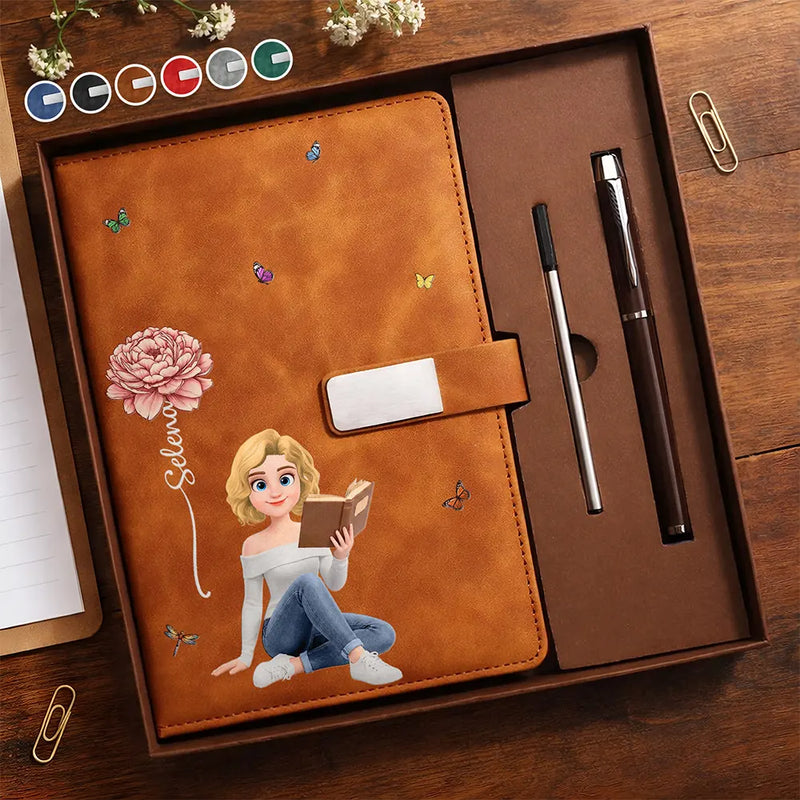 Christmas,Reading,Gift For Yourself,Vector,Happy - Blooming In Love Birth Month Flower - Personalized Leather Notebook Set