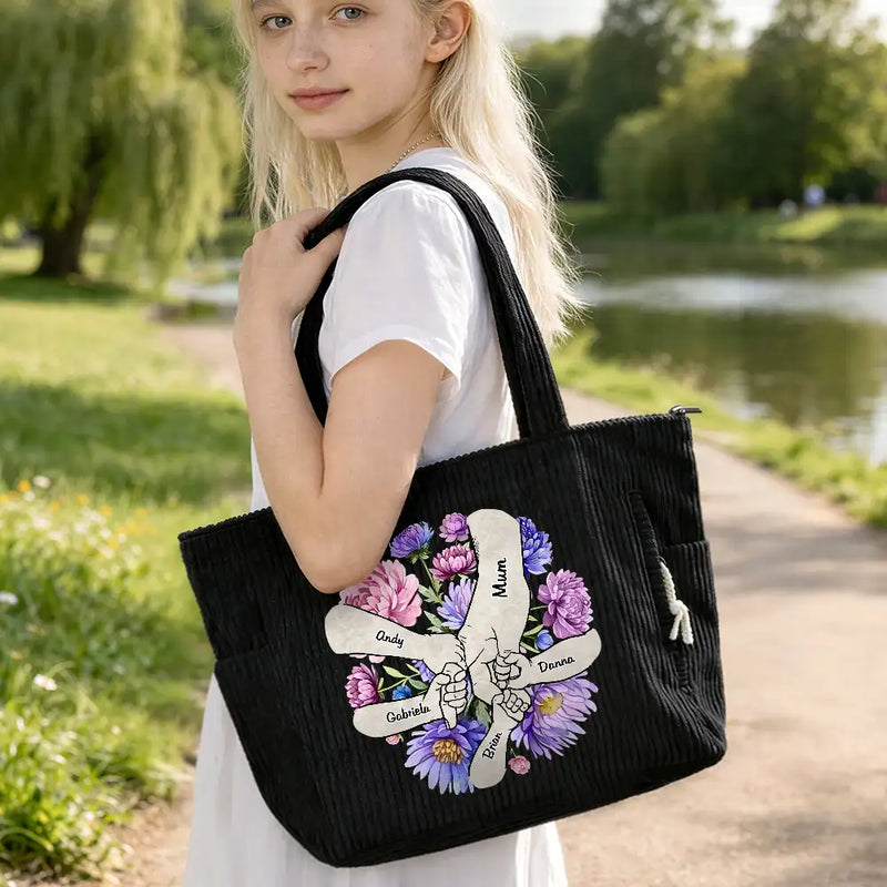 Happy,Gift For Wife,Gift For Yourself,Gift For Women,Gift For Mother,Gift For Grandma - Blooming In Mom's Grandma’s Hands - Personalized Corduroy Tote Bag