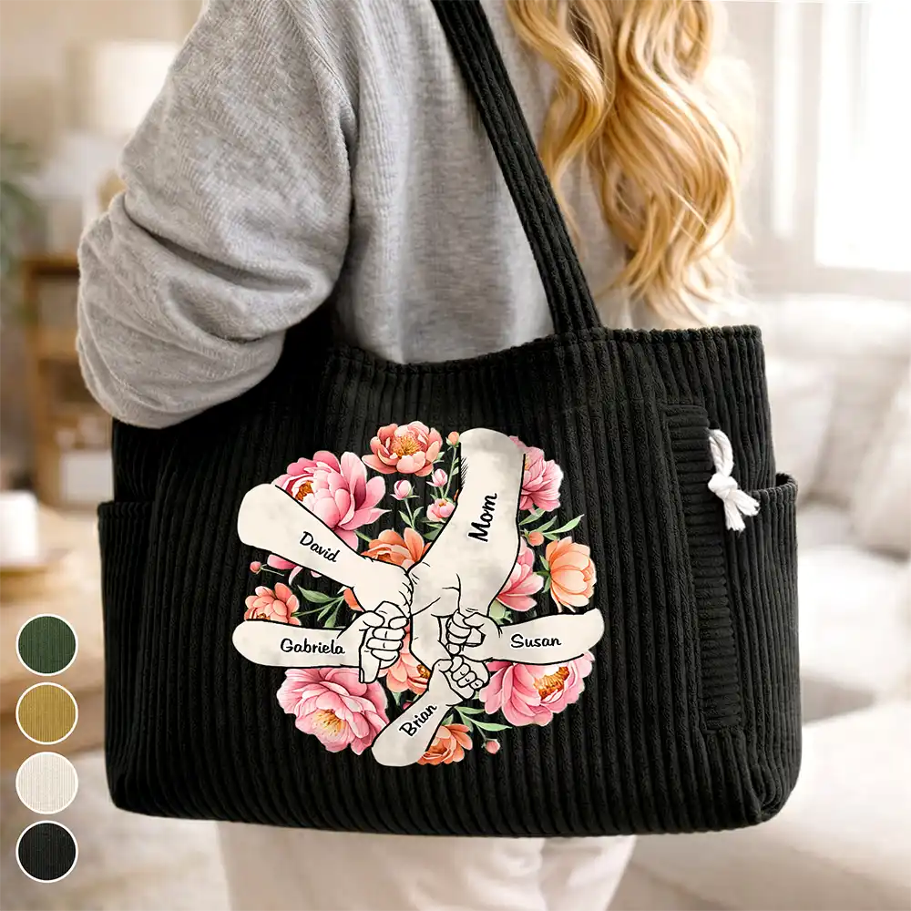 Happy,Gift For Wife,Gift For Yourself,Gift For Women,Gift For Mother,Gift For Grandma - Blooming In Mom's Grandma’s Hands - Personalized Corduroy Tote Bag