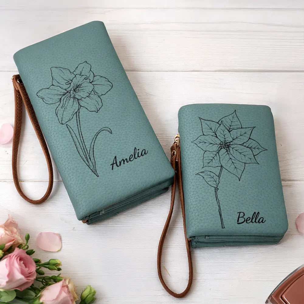 Mom - Daughters (Adult), Mom - Daughters (Young), Mom - Sons, Mom - Children, Gift For Mother, Love - Blooming With Birth Flowers - Personalized Tri-Fold PU Leather Wristlet Wallet