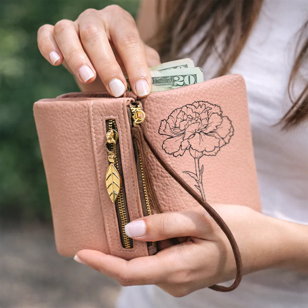 Mom - Daughters (Adult), Mom - Daughters (Young), Mom - Sons, Mom - Children, Gift For Mother, Love - Blooming With Birth Flowers - Personalized Tri-Fold PU Leather Wristlet Wallet