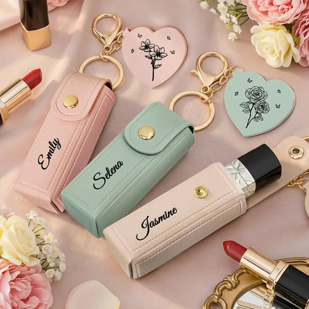 Leather Lipstick Case Keychain With Mirror - Blooming With Birth Month Flower - Personalized Leather Lipstick Case Keychain With Mirror