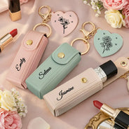 Leather Lipstick Case Keychain With Mirror - Blooming With Birth Month Flower - Personalized Leather Lipstick Case Keychain With Mirror