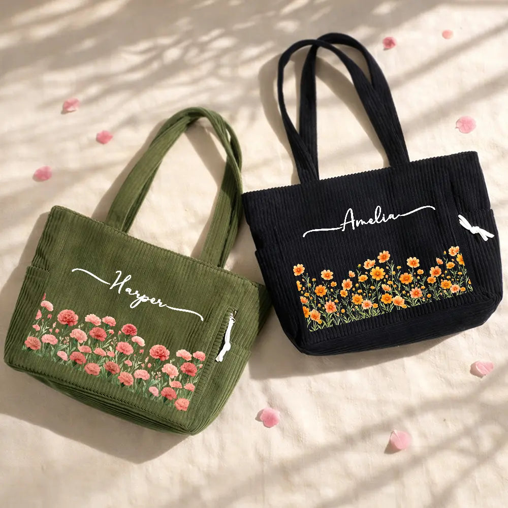 Happy,Gift For Wife,Gift For Girlfriend,Gift For Yourself,Gift For Women,Gift For Aunt,Gift For Mother,Gift For Grandma,Gift For Daughter,Gift For Sisters,Gift For Bestie - Blooms With Love - Personalized Corduroy Tote Bag
