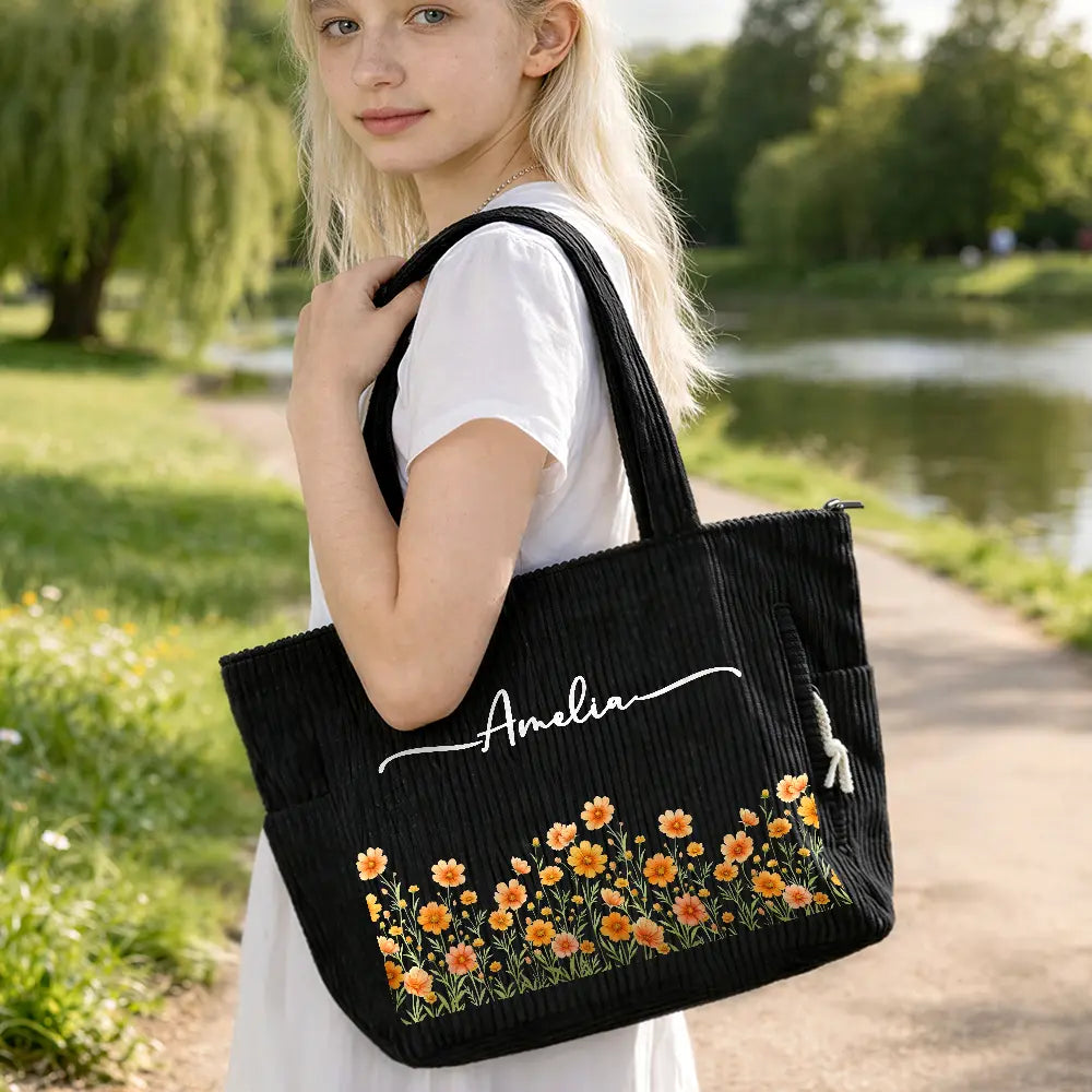 Happy,Gift For Wife,Gift For Girlfriend,Gift For Yourself,Gift For Women,Gift For Aunt,Gift For Mother,Gift For Grandma,Gift For Daughter,Gift For Sisters,Gift For Bestie - Blooms With Love - Personalized Corduroy Tote Bag