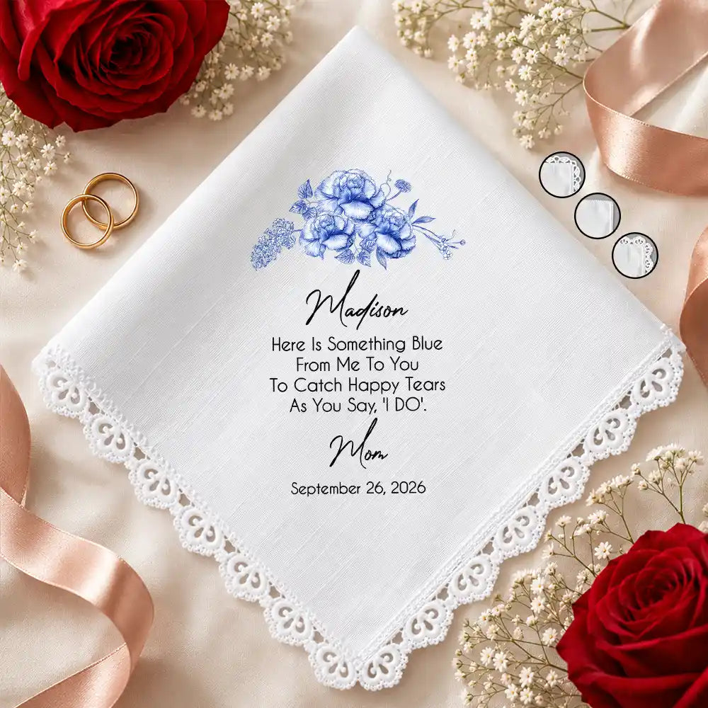 Blue Wedding Birth Flower Toile For Bride, Daughter - Personalized Handkerchief