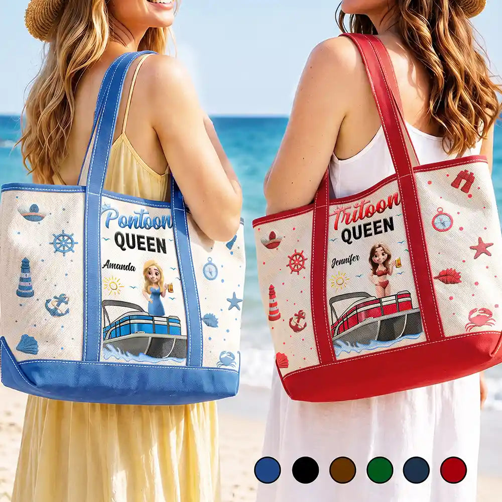 Pontoon,Gift For Yourself,Gift For Women,Vector,Happy - Boating Pontoon Queen - Personalized Fabric Tote Bag