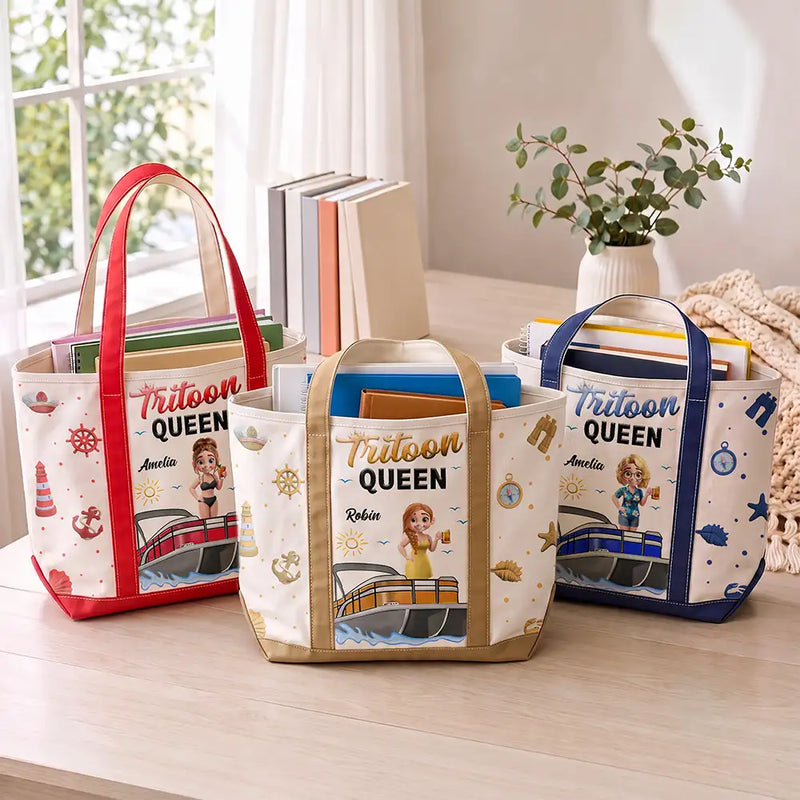 Pontoon,Gift For Yourself,Gift For Women,Vector,Happy - Boating Pontoon Queen - Personalized Fabric Tote Bag
