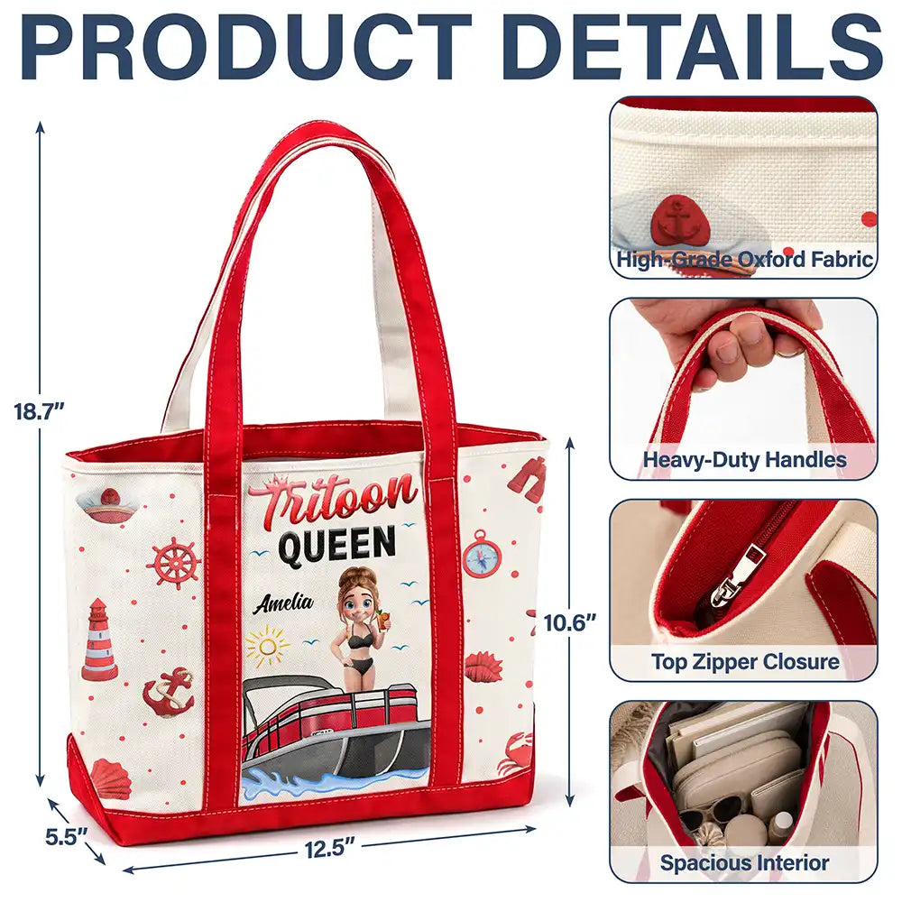 Pontoon,Gift For Yourself,Gift For Women,Vector,Happy - Boating Pontoon Queen - Personalized Fabric Tote Bag