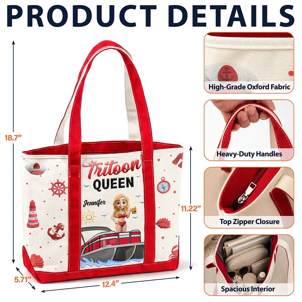 Pontoon,Gift For Yourself,Gift For Women,Vector,Happy - Boating Pontoon Queen - Personalized Fabric Tote Bag