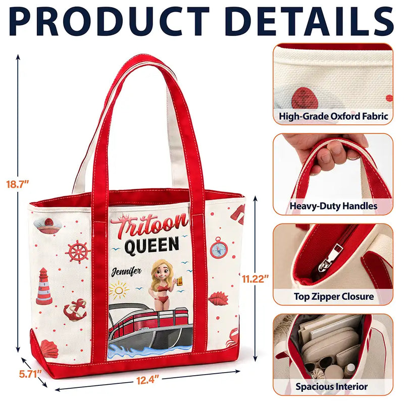 Pontoon,Gift For Yourself,Gift For Women,Vector,Happy - Boating Pontoon Queen - Personalized Fabric Tote Bag