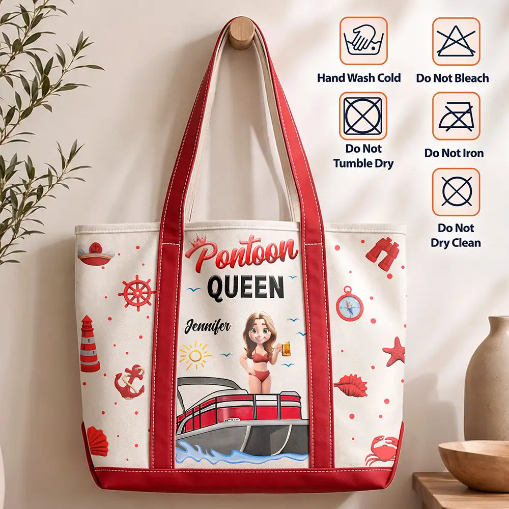 Pontoon,Gift For Yourself,Gift For Women,Vector,Happy - Boating Pontoon Queen - Personalized Fabric Tote Bag