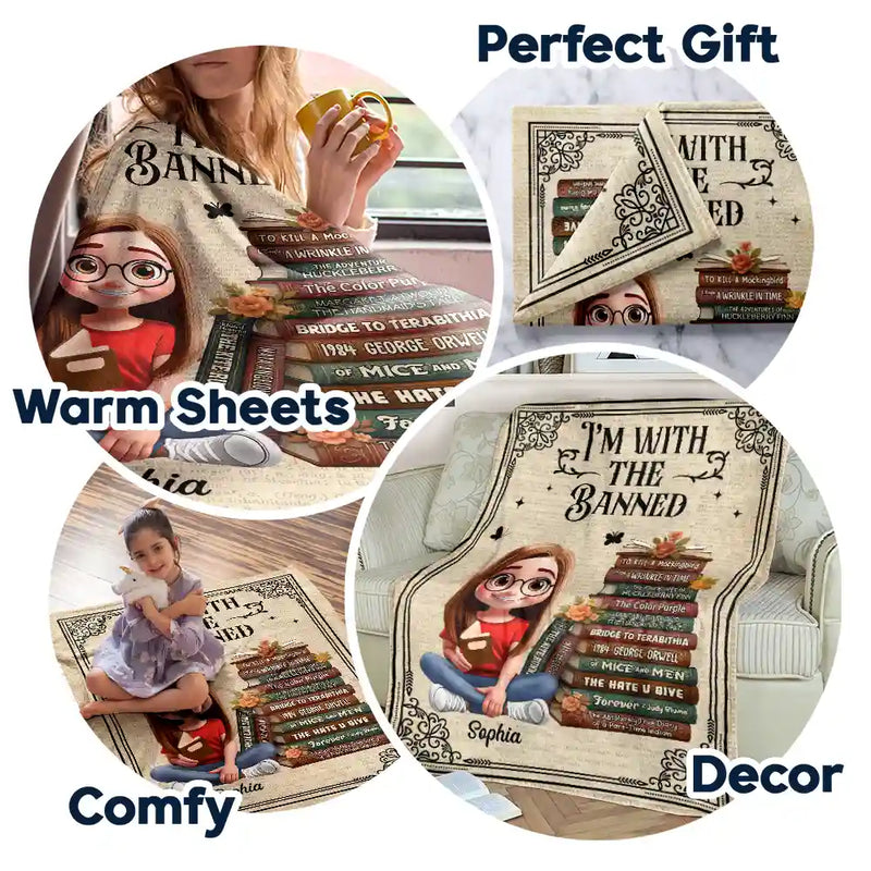 Reading,Gift For Yourself,Gift For Women,Happy - Book Lovers I'm With The Banned - Personalized Fleece Blanket, Sherpa Blanket