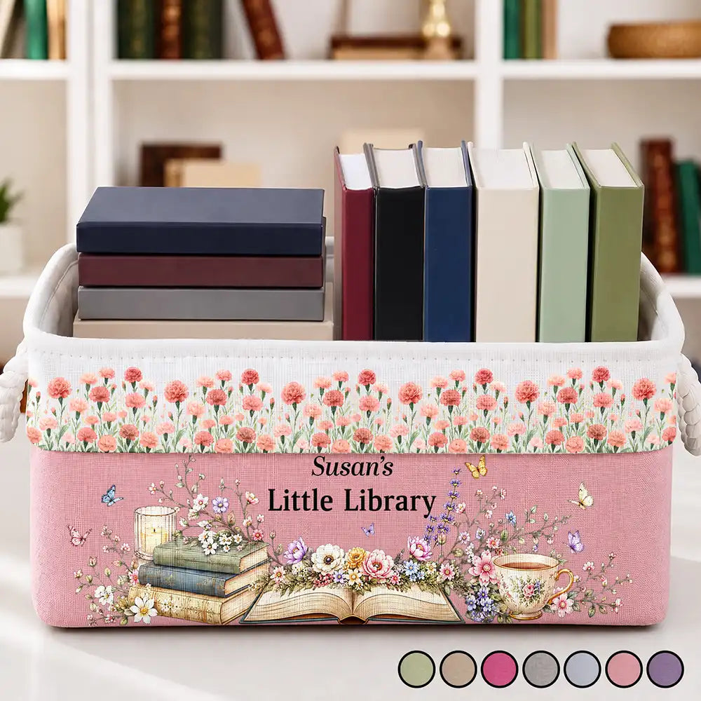 Top Market,Reading,Gift For Yourself,Gift For Women,Icon,Happy - Book Lovers Book Nook Birth Month Flower - Personalized Storage Basket