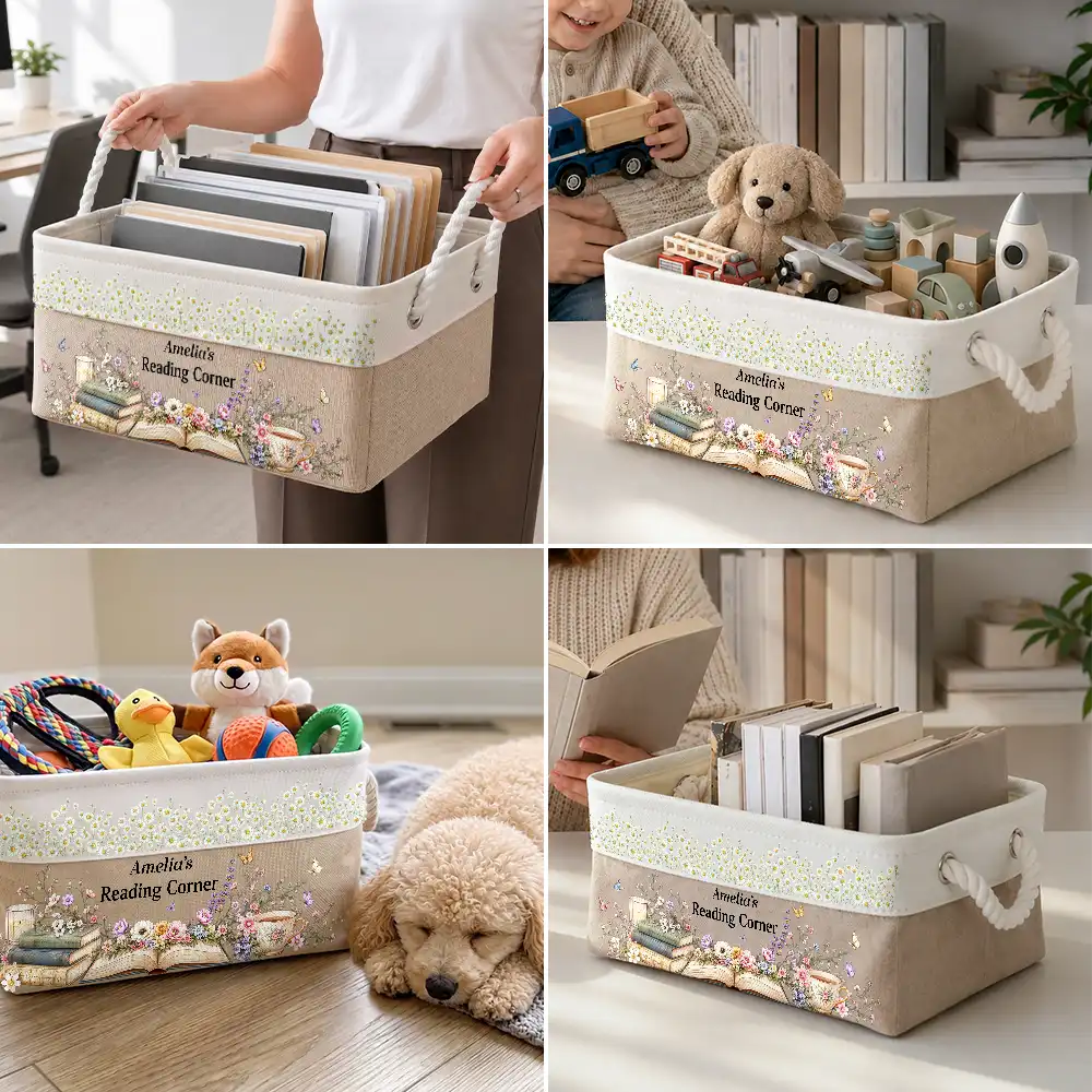 Top Market,Reading,Gift For Yourself,Gift For Women,Icon,Happy - Book Lovers Book Nook Birth Month Flower - Personalized Storage Basket