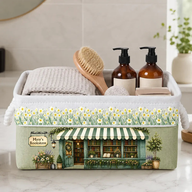 Top Market,Back To School,Cozy,Reading,Gift For Yourself,Gift For Women,Icon - Book Lovers Corner Bookshop With Birth Month Flower - Personalized Storage Basket