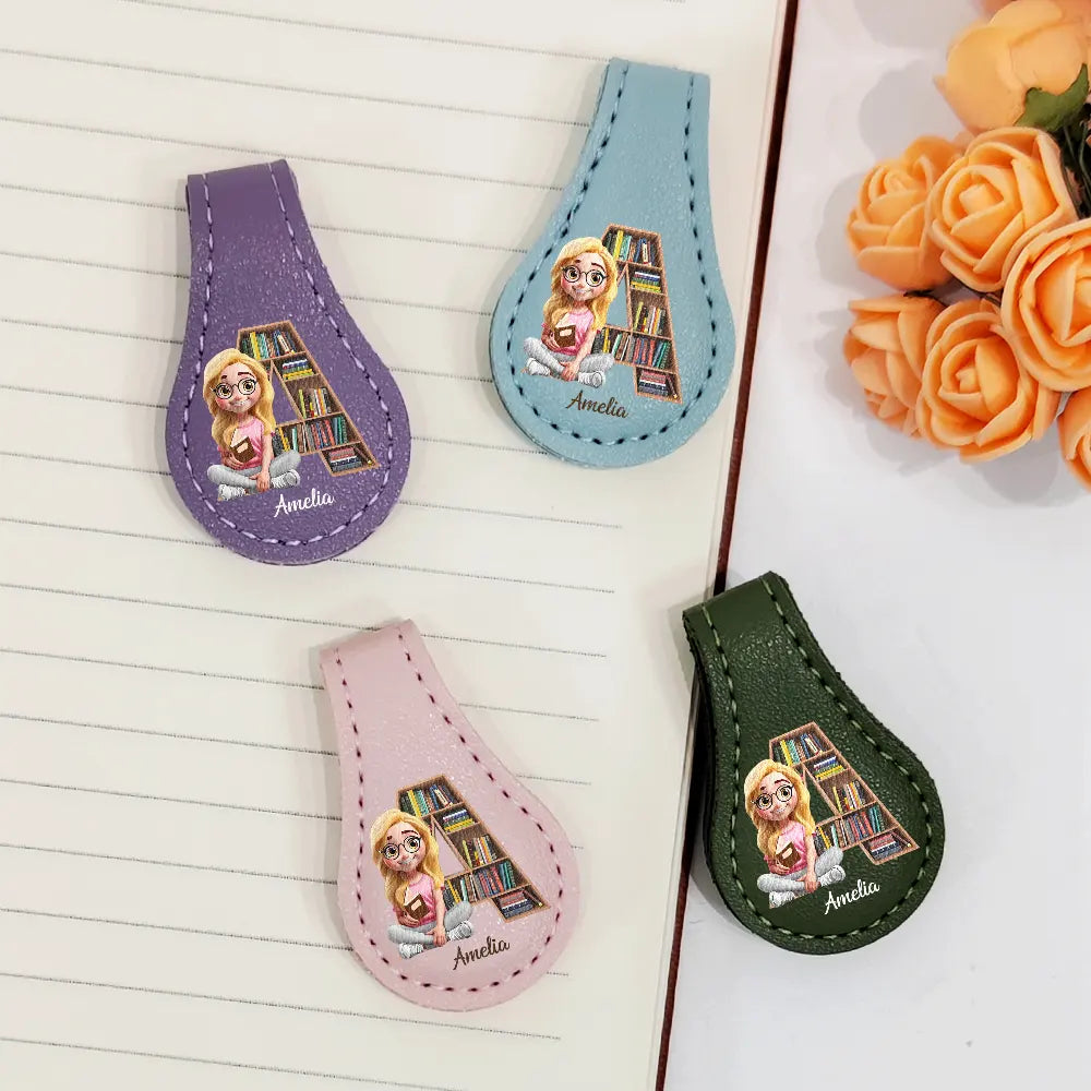 Reading,Gift For Yourself,Gift For Women,Happy - Bookish Monogram Girl With Book - Personalized Circle Leather Magnetic Bookmark