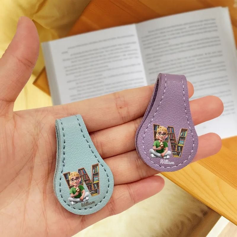 Reading,Gift For Yourself,Gift For Women,Happy - Bookish Monogram Girl With Book - Personalized Circle Leather Magnetic Bookmark