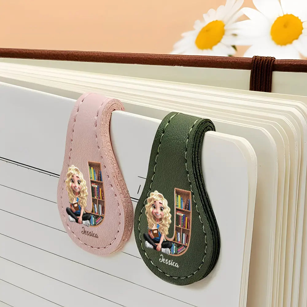 Reading,Gift For Yourself,Gift For Women,Happy - Bookish Monogram Girl With Book - Personalized Circle Leather Magnetic Bookmark