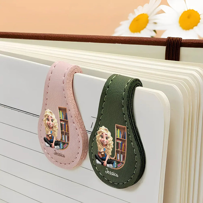 Reading,Gift For Yourself,Gift For Women,Happy - Bookish Monogram Girl With Book - Personalized Circle Leather Magnetic Bookmark
